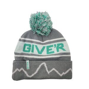 Giver Knit Pom Beanie Hat With Logo & Mountain Design Gray Mint Unisex Warm Cozy